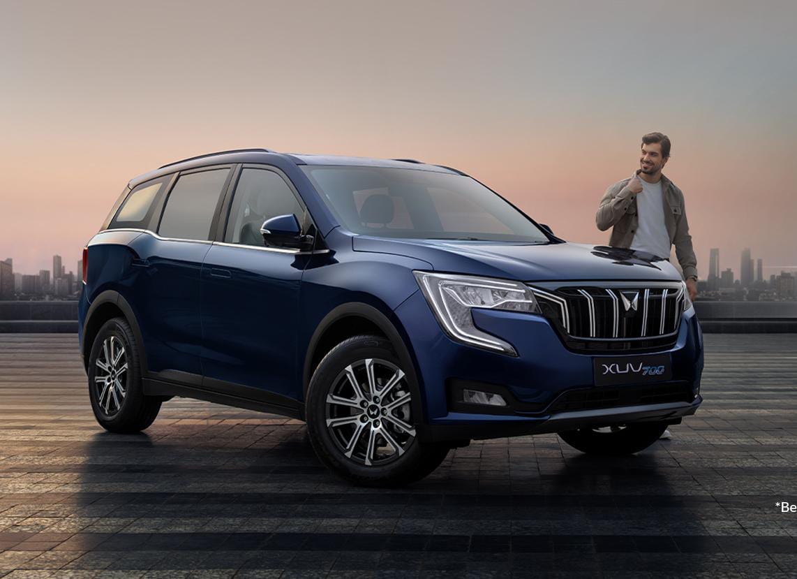 Mahindra XUV700 luxury SUV front view with panoramic sunroof, LED headlamps, premium interior and ADAS features in India